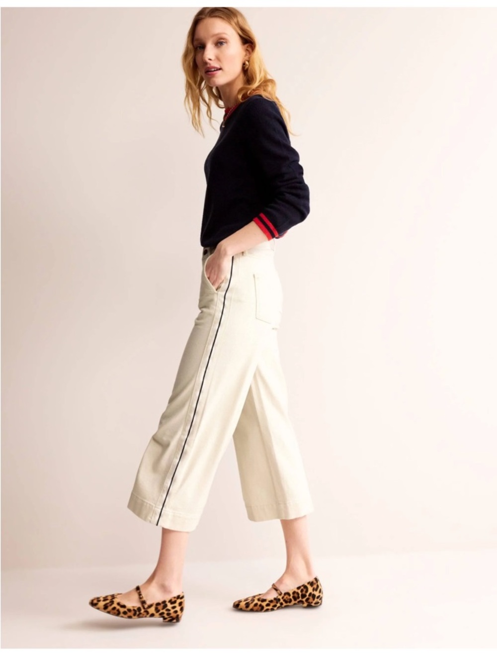 Boden Women's Ecru Side Stripe Wide Leg Crop Jeans 31x32